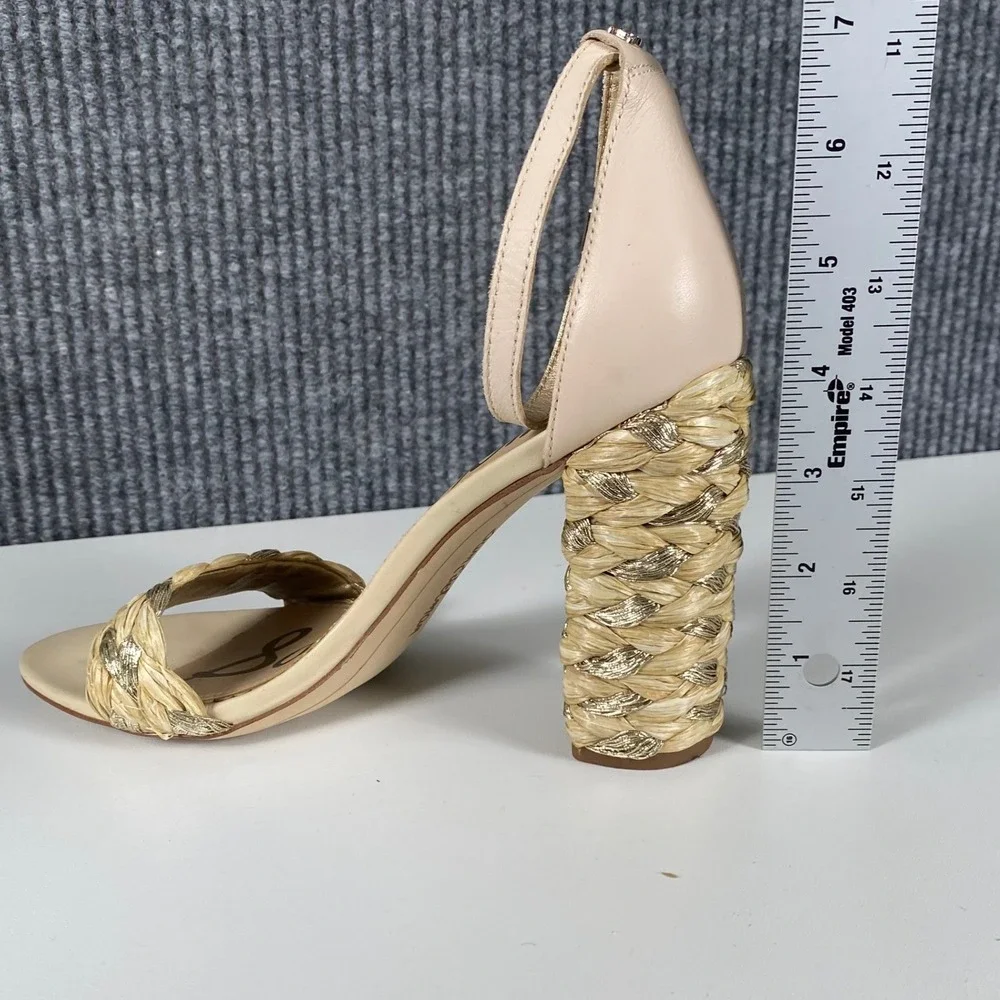 Sam Edelman Yaro Block Heel Sandals Beige Gold Braided Straw Leather 7 SU - Picture 4 of 5